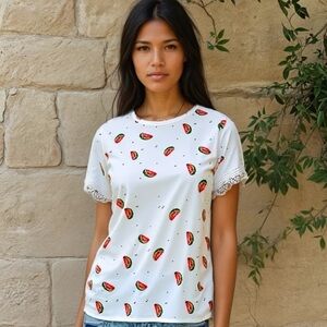 Van Heusen watermelon lace trim mixed media top xs